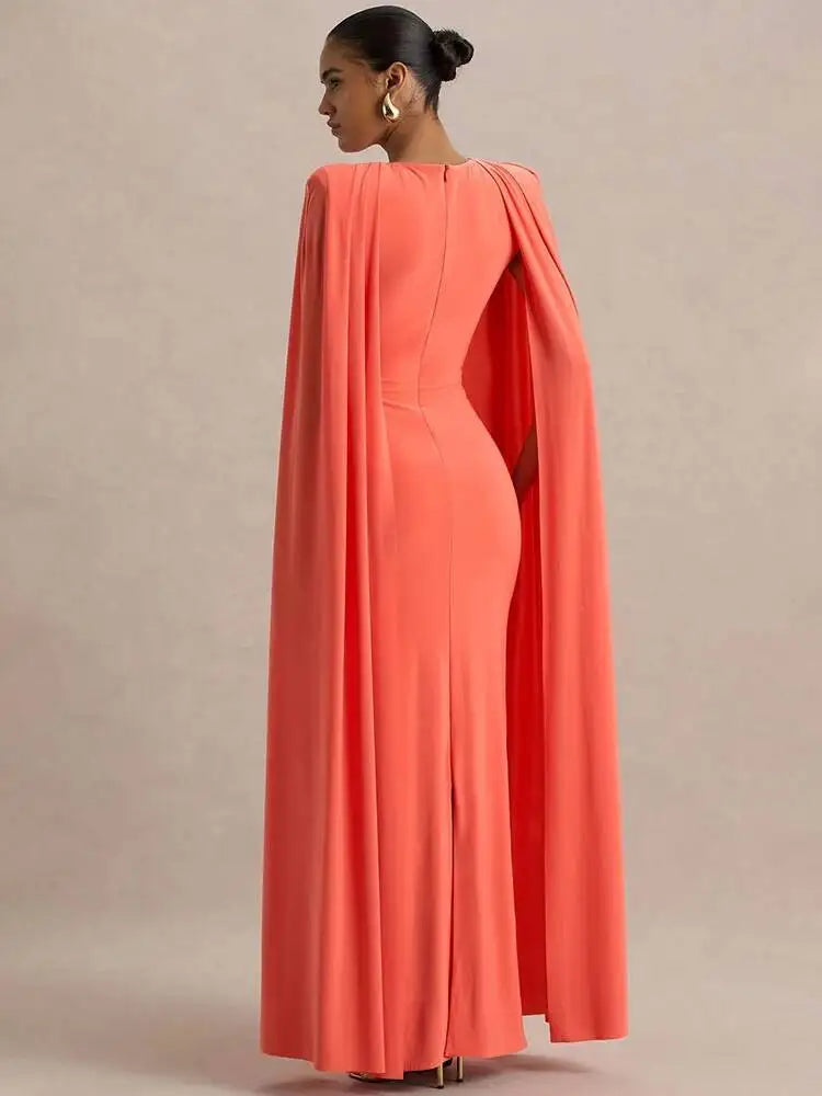 Blifanbo Sexy Cape Sleeve Maxi Dress Women Gown Fashion O Neck High Waist Split Zipper Club Party Long Dresses Female Elegant