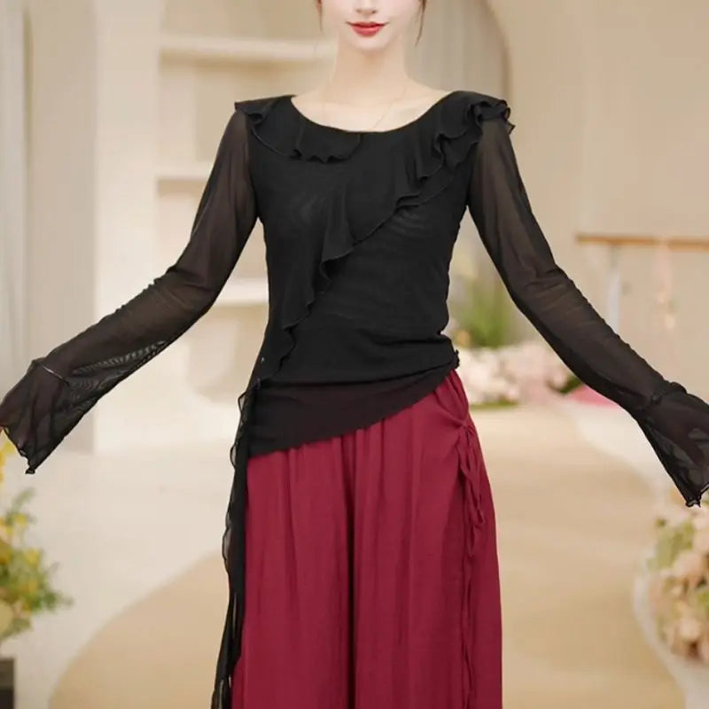New Dance Clothes for Women Modern Adult Tops for Daily Dancing New Round Neck Long-sleeved Versatile Pullovers