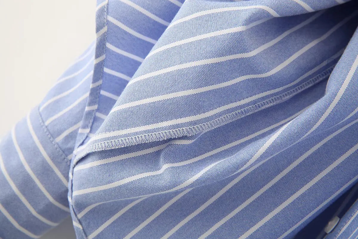 Blue Stripe Button-Down Shirt Women Oversized Fit Long Sleeve Spring Summer Elegant Office Casual Daily Wear Lightweight Top