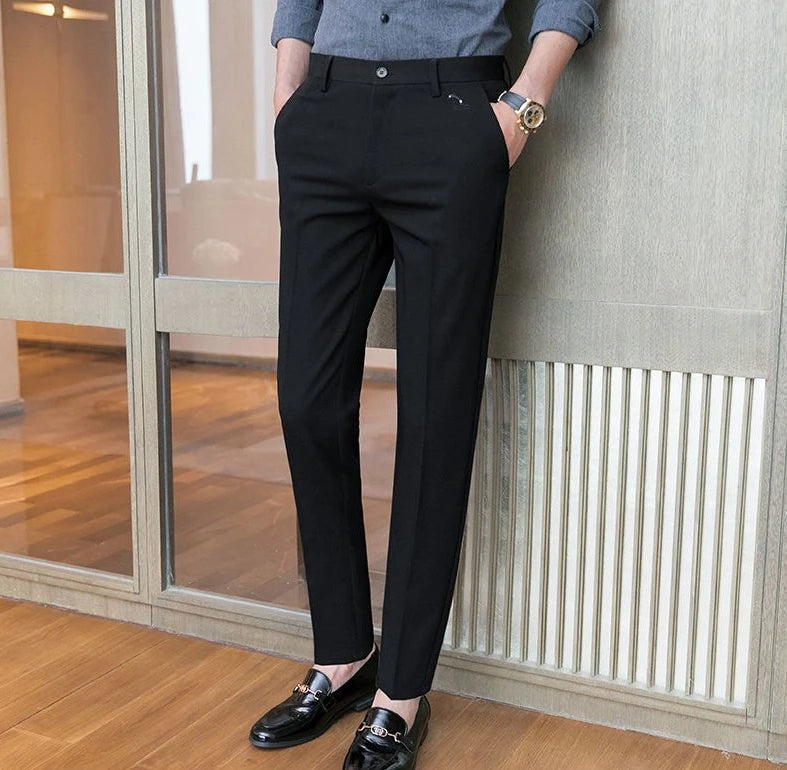 Trousers for Men Cropped Slim Fit Formal Work Casual Pants Man Dress Tailoring Baggy Polyester Slacks Korean Style Cotton Sale