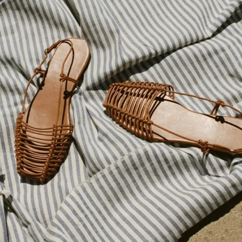 2026 Summer Flats Sandals Women New Trend Woven Hollow Out Back Strap Flat with Sandalias Mujer Beach Roman Foot Slippers Woman
