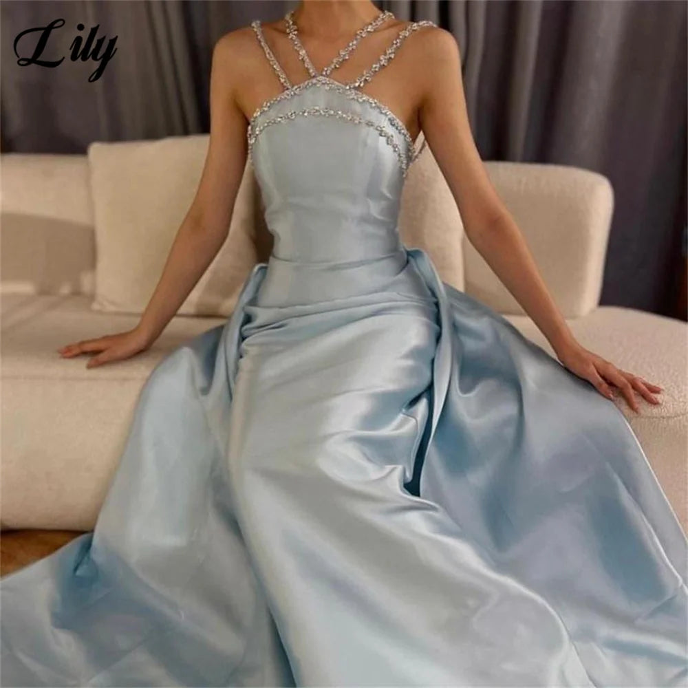 Lily Light Blue Prom Dress Shiny Beading Halter Party Dresses Stain  Sleeveless Celebrity Gowns with Detachable Tail Customized