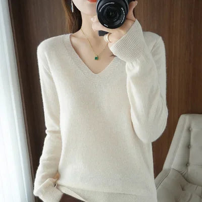 Women's Sweater 2025 Autumn Winter Knitted Pullovers V-neck Slim Fit Bottoming Shirt Solid Soft Knitwear Jumpers Basic Sweaters