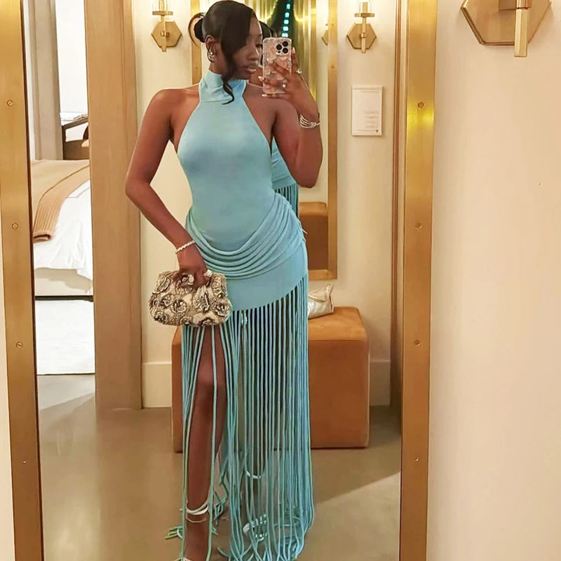 2026 Summer New Sexy Women's Dresses Halter Neck Backless Club Dress with Tassel Trim Fringe Detail Bodycon Party Mini Dress