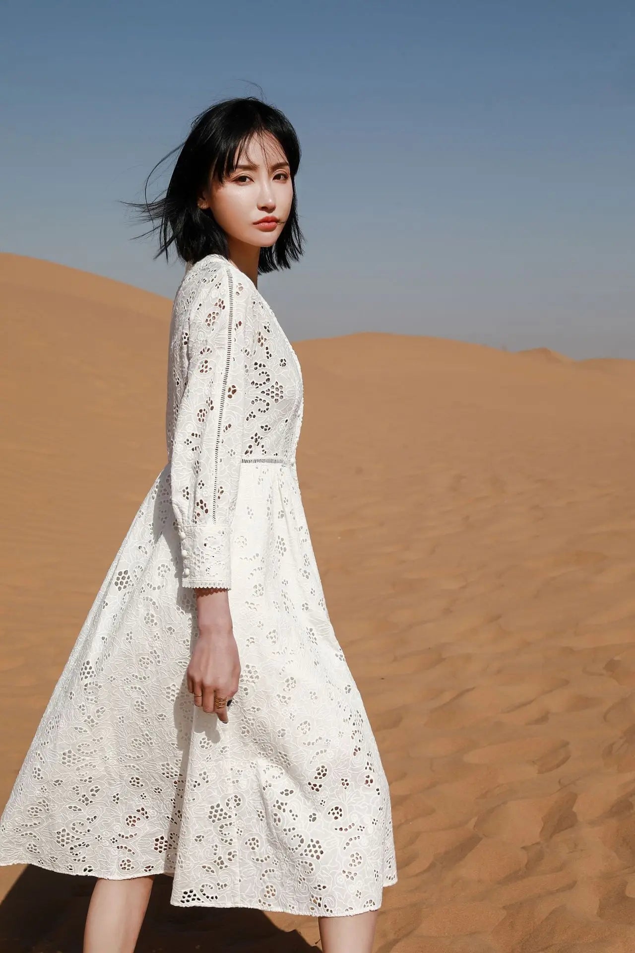 Long Sleeve Lace Dress For Women Robe Vintage V-neck Hollow Out Boho Floral Embroidery Elegant Dresses Ladies Party Vestidos