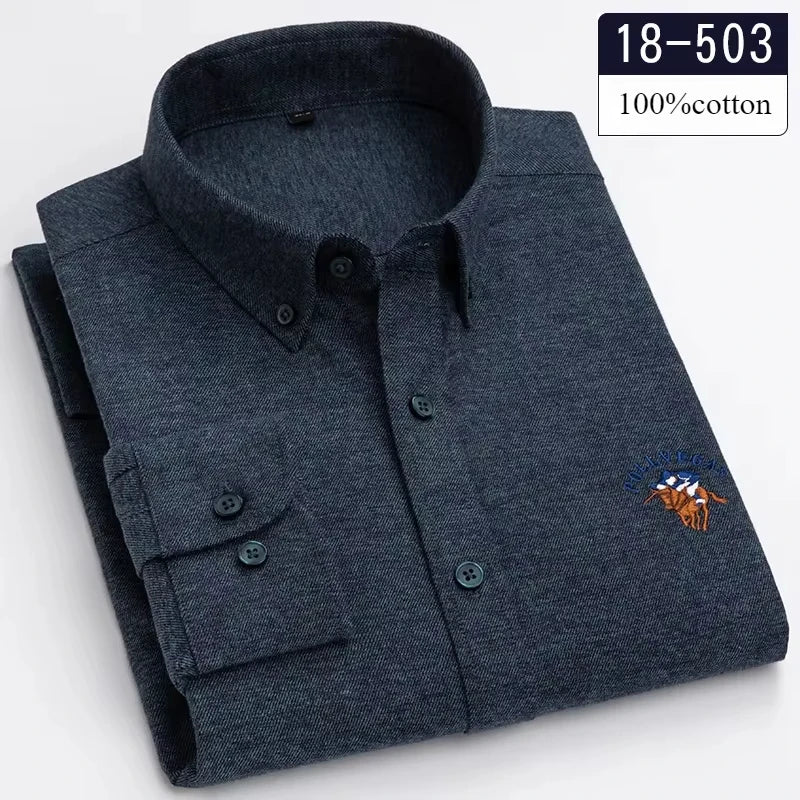 Men's 100% Cotton Brushed Slim Fit Long Sleeve Shirt — Plaid & Striped Casual Autumn