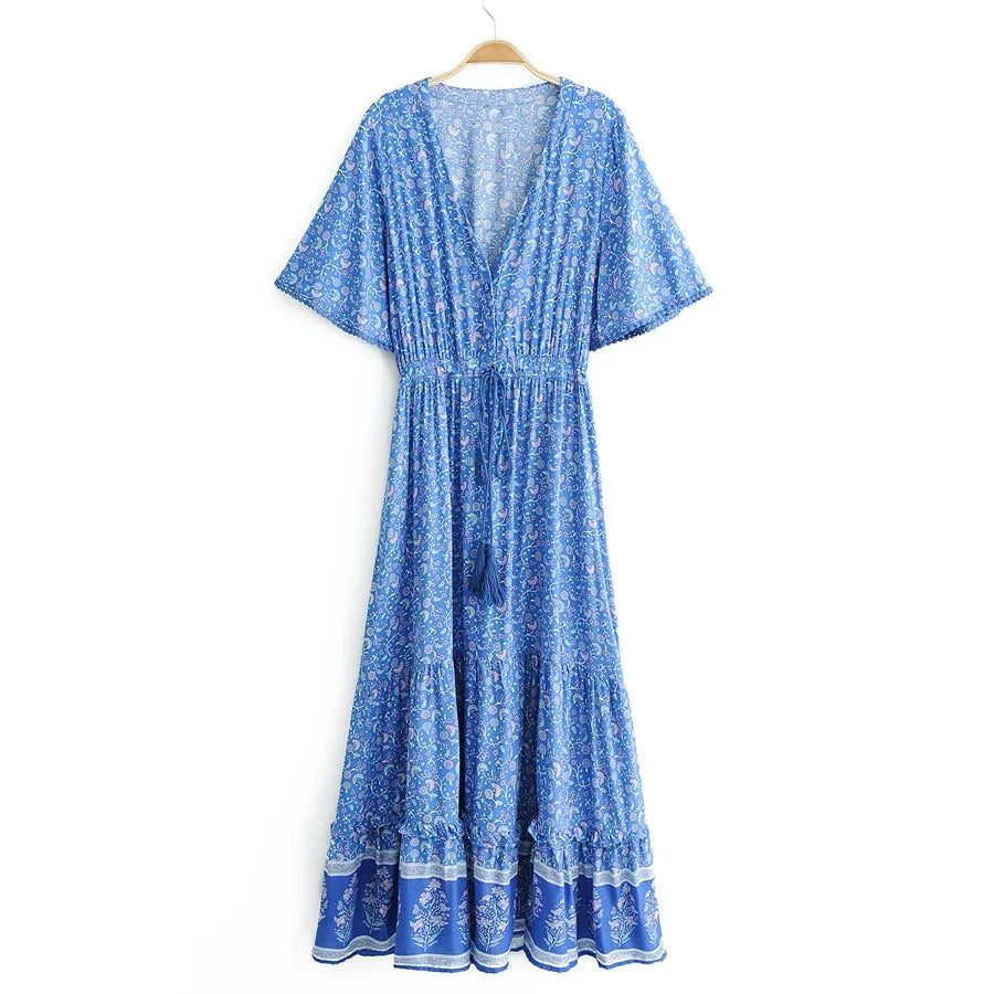 Maxi Dresses for women Cotton Rayon blue Floral print sexy deep v-ncek boho summer dresses loose Hippie long dress Vestidos