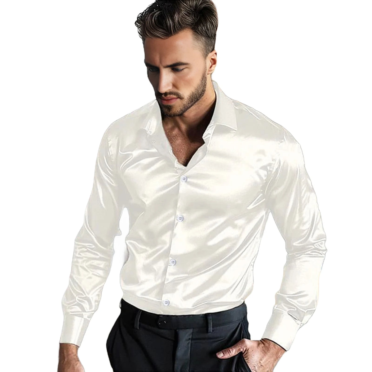 Lynett Lamar Men's Ice Silk Wrinkle-Resistant Non-Iron Long Sleeve Shirt — Slim Fit Glossy Business Casual
