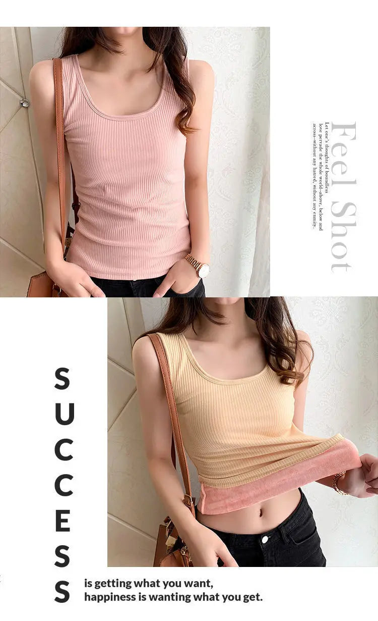 Women's Winter Thermal Underwear Top Seamless Plus Velvet Shirt Sleeveless Vest Warm Female Undershirt Solid Color Sexy Lingerie
