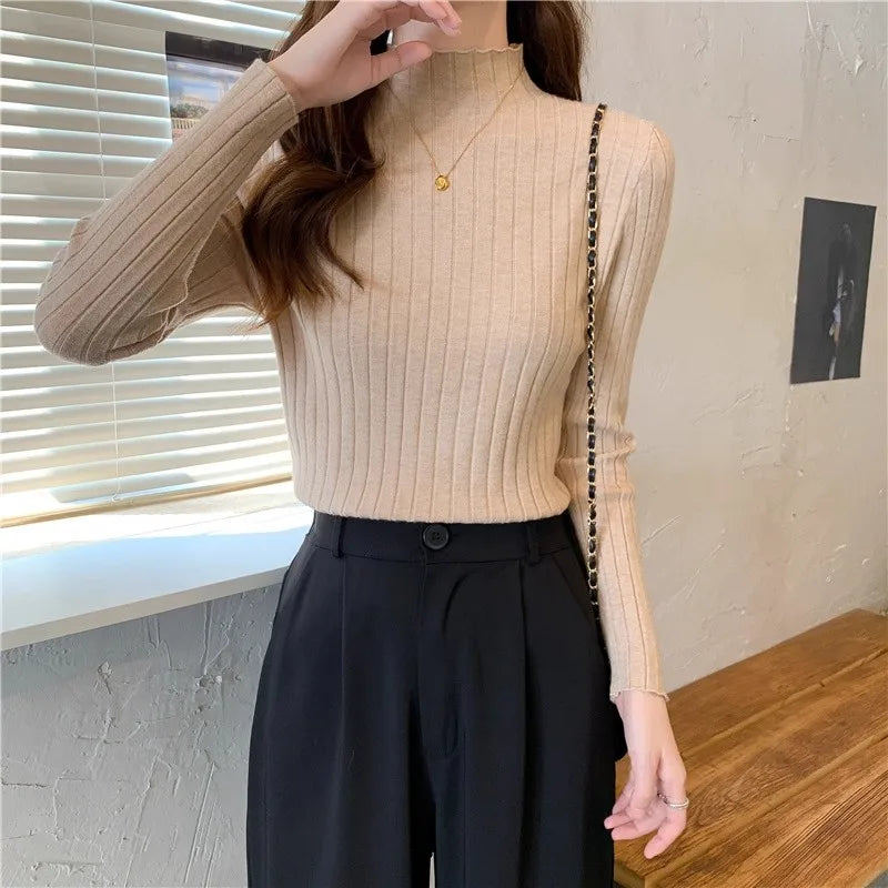 Woman Sweaters 2025 Autumn Winter Knitted Ribbed Turtleneck Sweater Women Clothes Long Sleeve Slim Basic Pullover Solid Tops