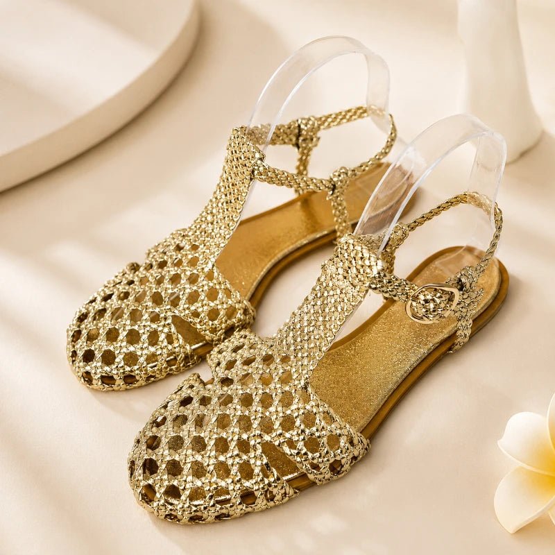 Women Flat Sandals Gold Woven Style Soft Inside Very Light Easy to Wear Summer Sandals with Adjustable Ankle Strap