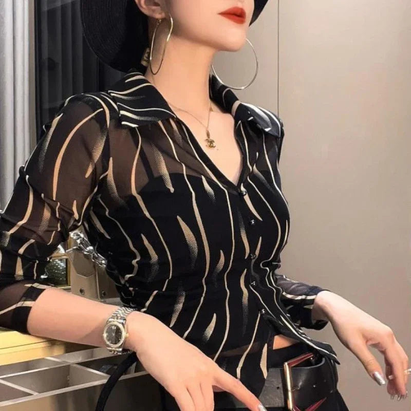 Striped Shirts & Blouses for Women Button Up Sexy Woman Top Beautiful in Promotions Novelty 2025 Elegant and Youthful M Clothes