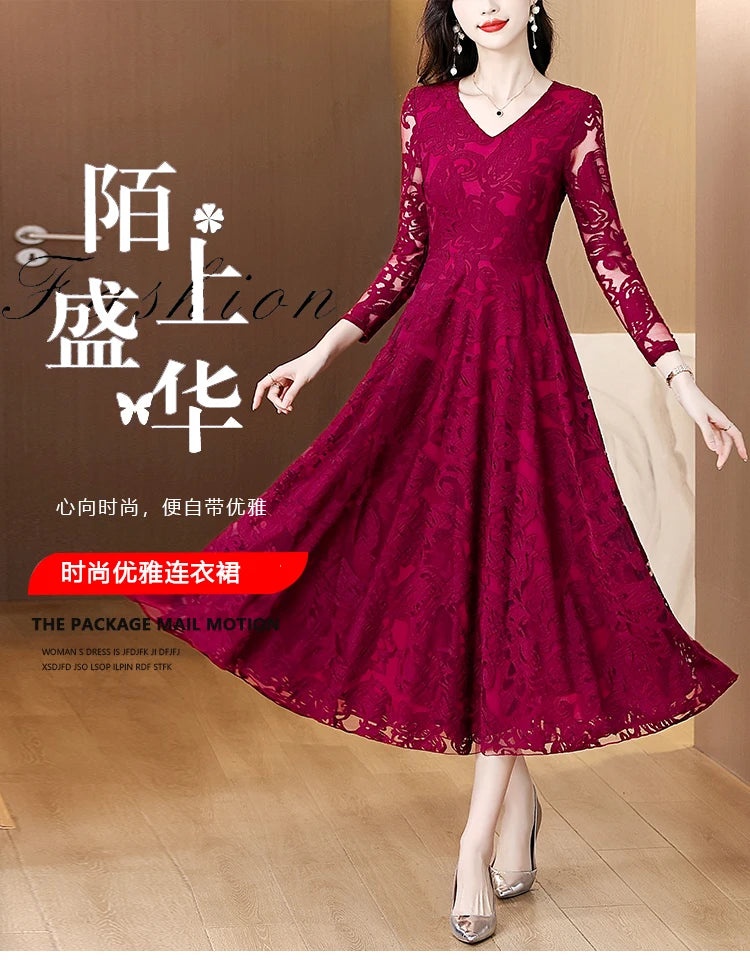 Women Vintage V-neck Lace Hollow Out Sexy Dress 2025 Elegant Bodycon Party Vestidos Spring Autumn Black Long Sleeve Midi Dresses