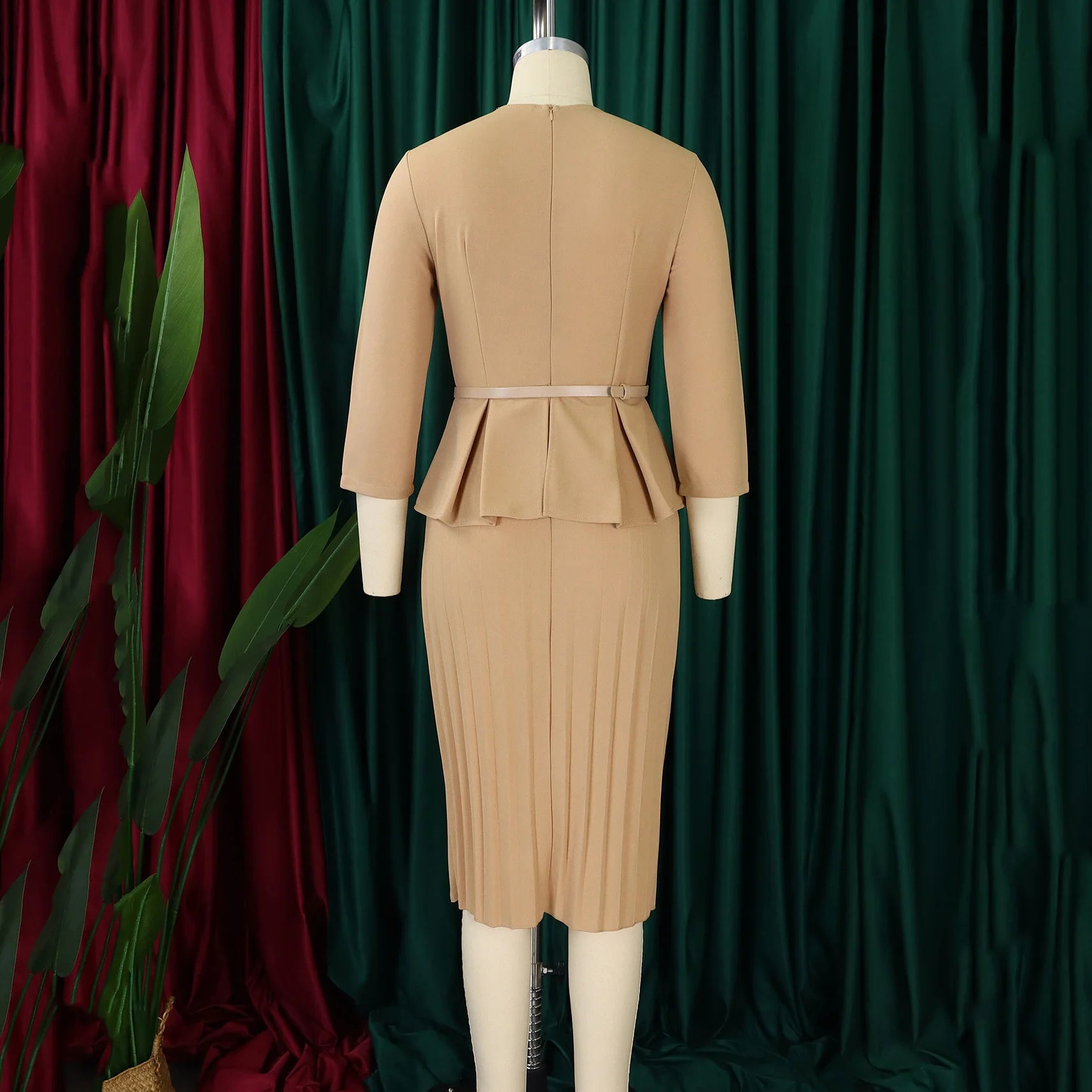 Elegant Office Dress for Women Professional 2024 New V Neck Three Quarter Sleeve Belt Waisted Mid Calf Formal Business Work Robe