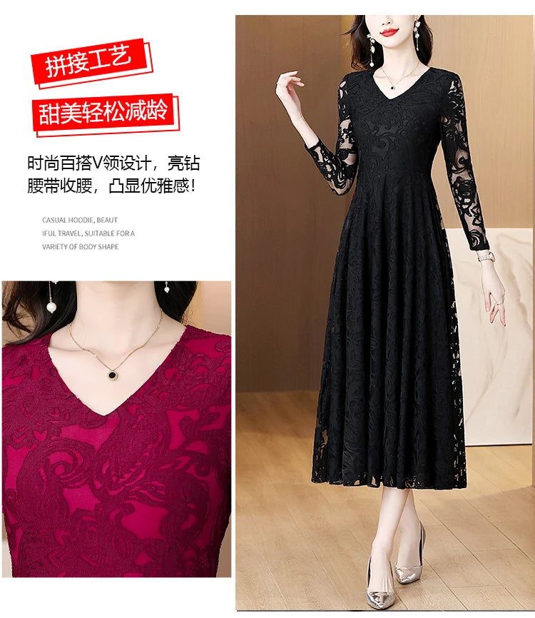 Women Vintage V-neck Lace Hollow Out Sexy Dress 2025 Elegant Bodycon Party Vestidos Spring Autumn Black Long Sleeve Midi Dresses