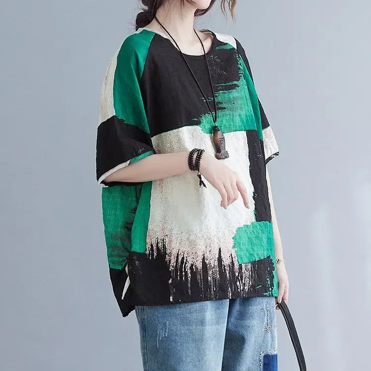 Women Clothing 2025 New Summer Clothing New Style Retro Loose Cotton Linen Short-sleeved T-shirt Top