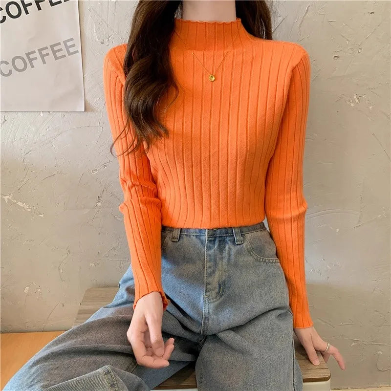 Woman Sweaters 2025 Autumn Winter Knitted Ribbed Turtleneck Sweater Women Clothes Long Sleeve Slim Basic Pullover Solid Tops
