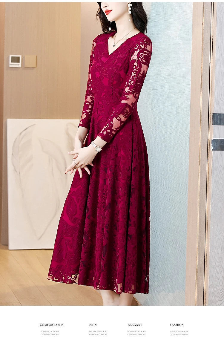 Women Vintage V-neck Lace Hollow Out Sexy Dress 2025 Elegant Bodycon Party Vestidos Spring Autumn Black Long Sleeve Midi Dresses