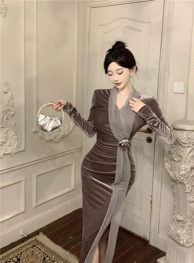 Women Vintage Velvet 3D Flower Ruched Sexy Split Elegant Party Dresses Y2K Winter V Neck Long Sleeve Bodycon Midi Dress Vestidos