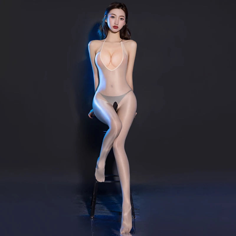 Women Sex Clothes Oil Shiny Halter Backless Full Body Stockings Erotic Open Crotch Bodysuit Jumpsuit Black Cosplay Costumes