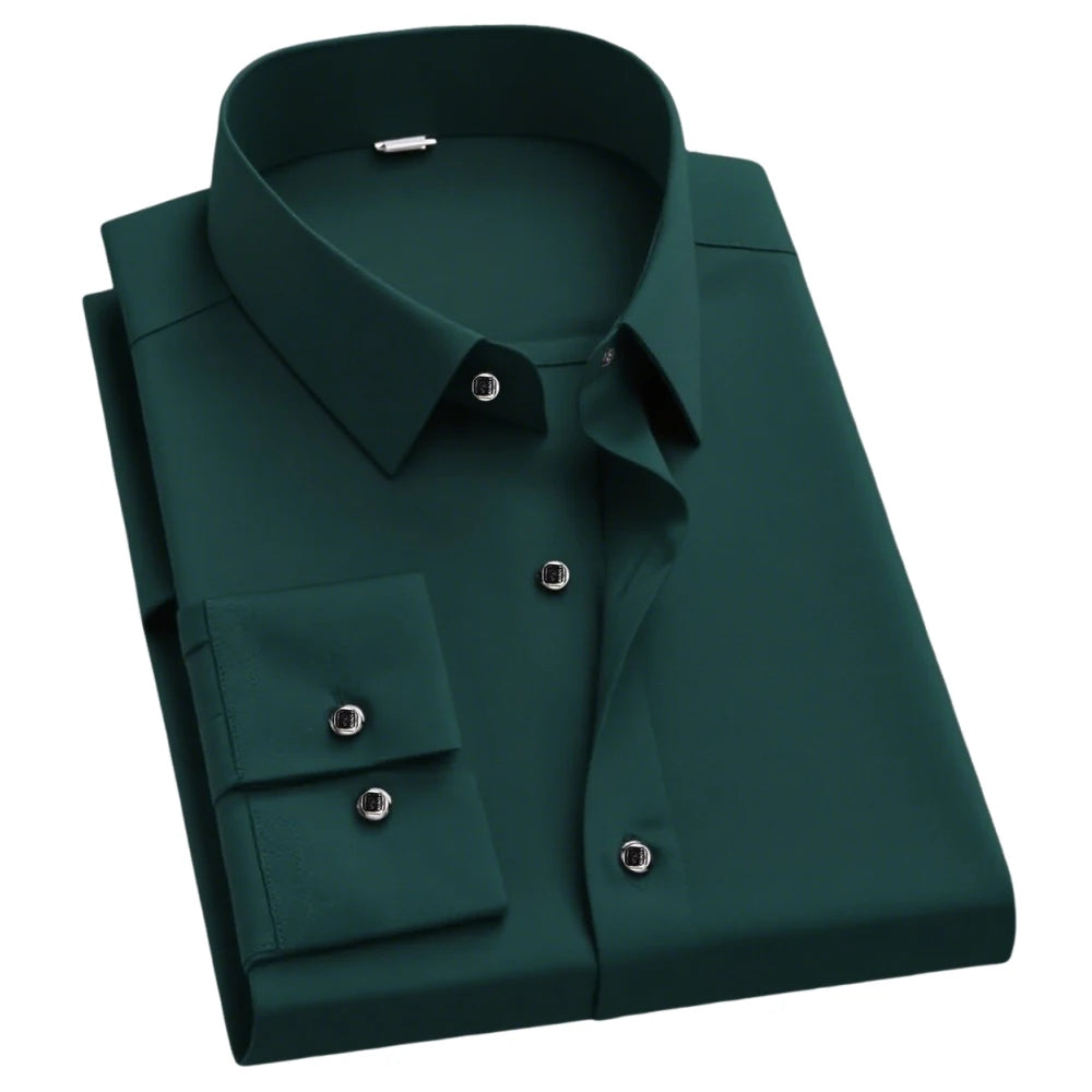 Lynett Lamar Men's Slim Fit 4-Way Stretch Dress Shirt — Wrinkle-Free with Black Buttons