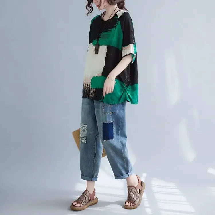 Women Clothing 2025 New Summer Clothing New Style Retro Loose Cotton Linen Short-sleeved T-shirt Top