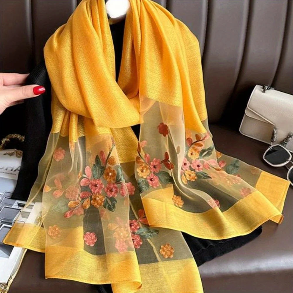 Elegant floral embroidered silk scarf for women, stylish sunscreen beach shawl with beaded trim, bohemian windproof must-have