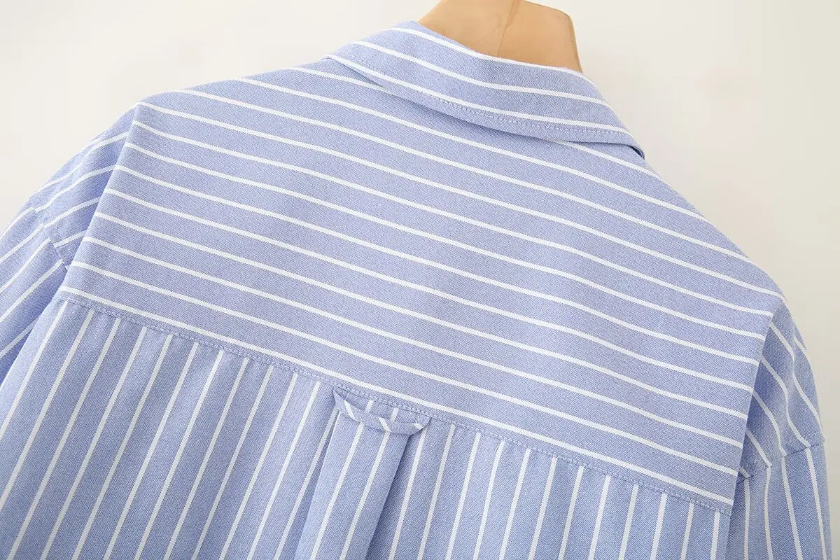 Blue Stripe Button-Down Shirt Women Oversized Fit Long Sleeve Spring Summer Elegant Office Casual Daily Wear Lightweight Top