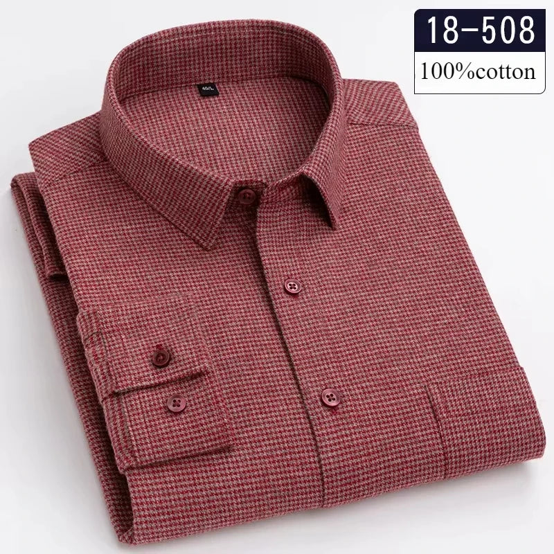 Men's 100% Cotton Brushed Slim Fit Long Sleeve Shirt — Plaid & Striped Casual Autumn