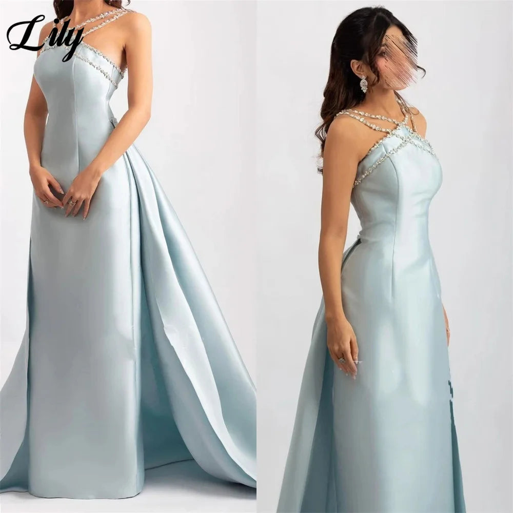 Lily Light Blue Prom Dress Shiny Beading Halter Party Dresses Stain  Sleeveless Celebrity Gowns with Detachable Tail Customized