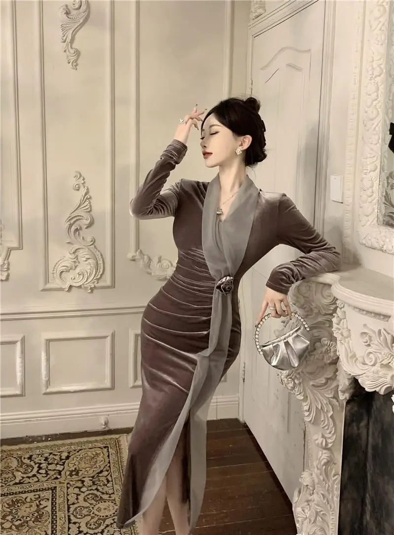 Women Vintage Velvet 3D Flower Ruched Sexy Split Elegant Party Dresses Y2K Winter V Neck Long Sleeve Bodycon Midi Dress Vestidos