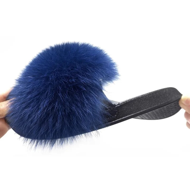 Fashion Lovely Real Fox Fur Slippers Women, Luxury Flat Sandals