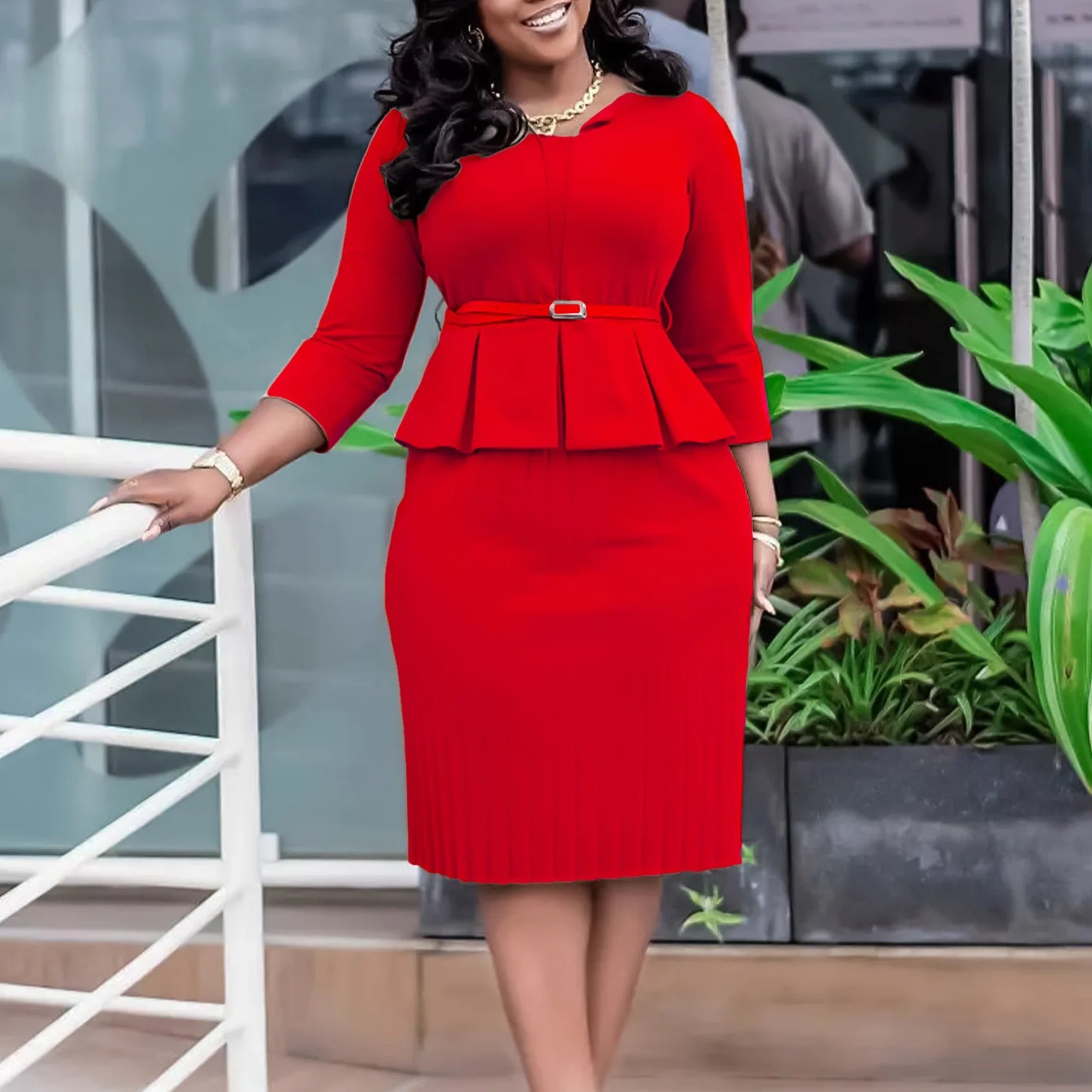 Elegant Office Dress for Women Professional 2024 New V Neck Three Quarter Sleeve Belt Waisted Mid Calf Formal Business Work Robe