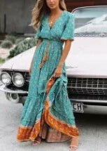 Maxi Dresses for women Cotton Rayon blue Floral print sexy deep v-ncek boho summer dresses loose Hippie long dress Vestidos