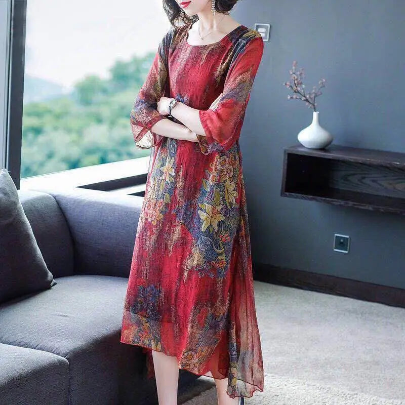 Elegant Vintage Women Floral Chiffon Dress Summer Half Sleeve Loose Big Size Y2k Female Clothing New Korean Fashion Midi Robe