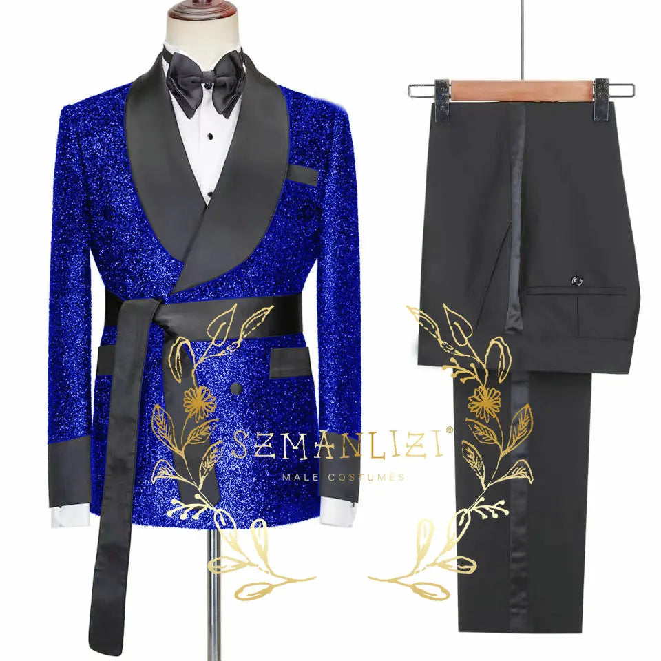 2026 Tailor-Made Shiny Black Groom Tuxedo Double Breasted Men Suit Prom Wedding Party Mens Suits Costume ( jacket+Pants+Belt)