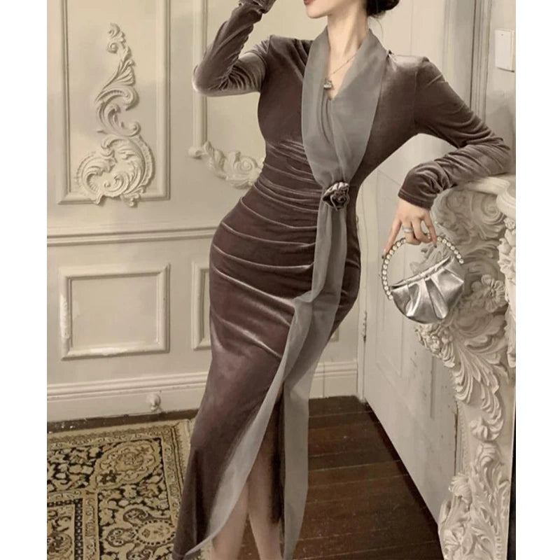 Women Vintage Velvet 3D Flower Ruched Sexy Split Elegant Party Dresses Y2K Winter V Neck Long Sleeve Bodycon Midi Dress Vestidos