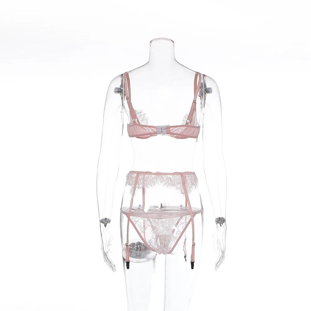 Women Pink Lace Bra and Panty Set Set Bathing Club Outfits Underwear Bralette Lace Brief Sexy Intimates Lingerie Set Straps