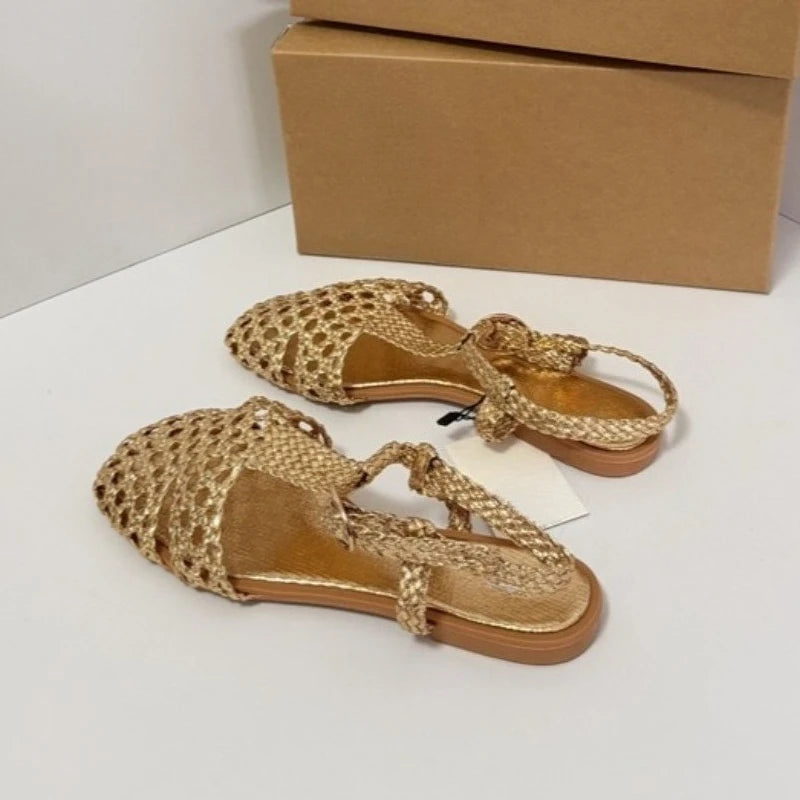 Women Flat Sandals Gold Woven Style Soft Inside Very Light Easy to Wear Summer Sandals with Adjustable Ankle Strap