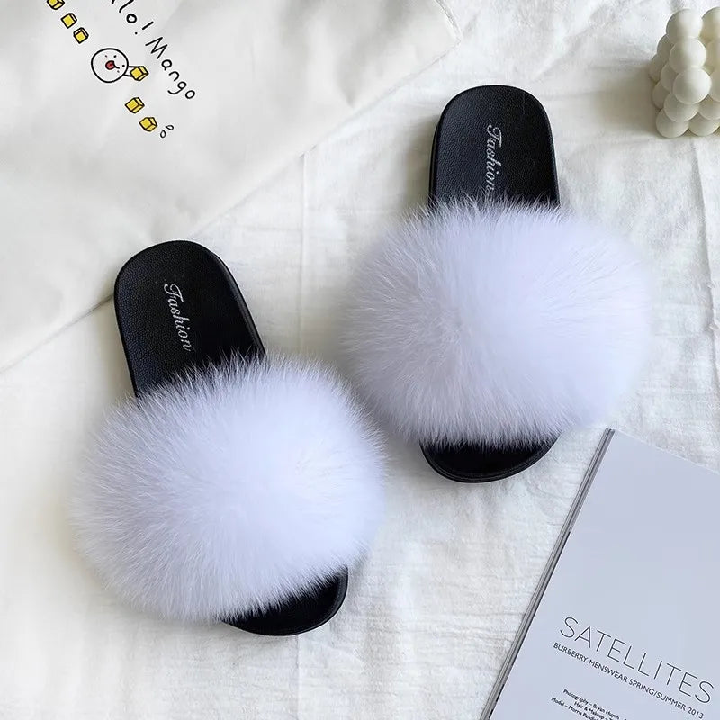 Fashion Lovely Real Fox Fur Slippers Women, Luxury Flat Sandals