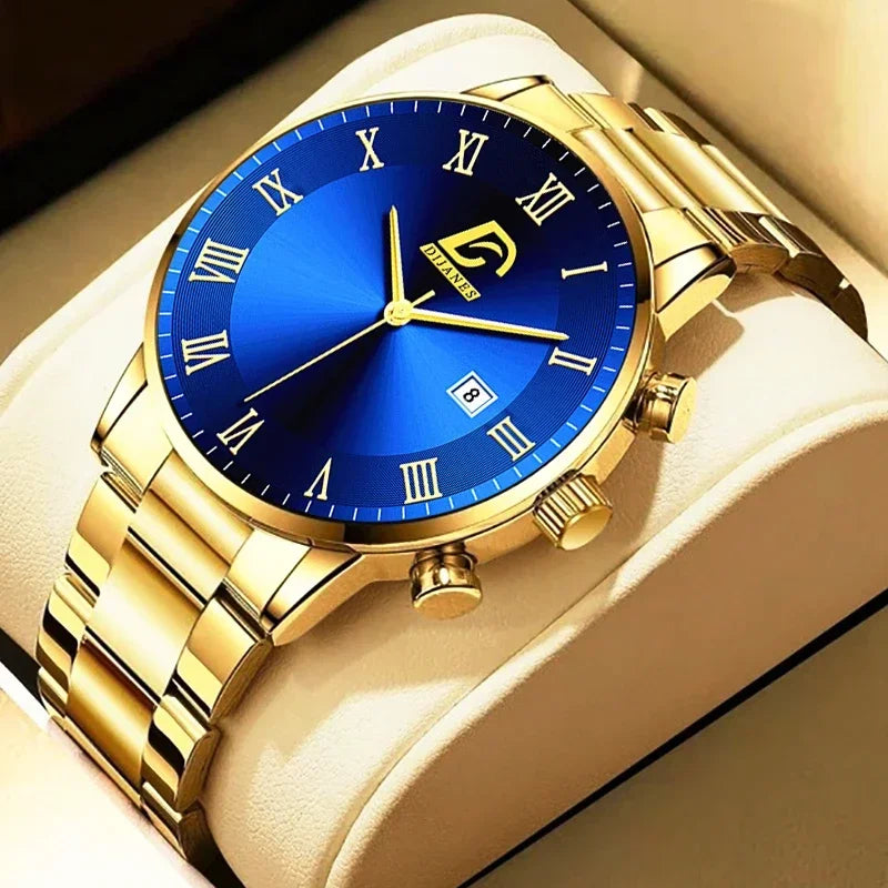 5PCS Fashion Mens Gold Stainless Steel Watches set Luxury  Quartz Wrist Watch Men Business Casual Watch relogio masculino