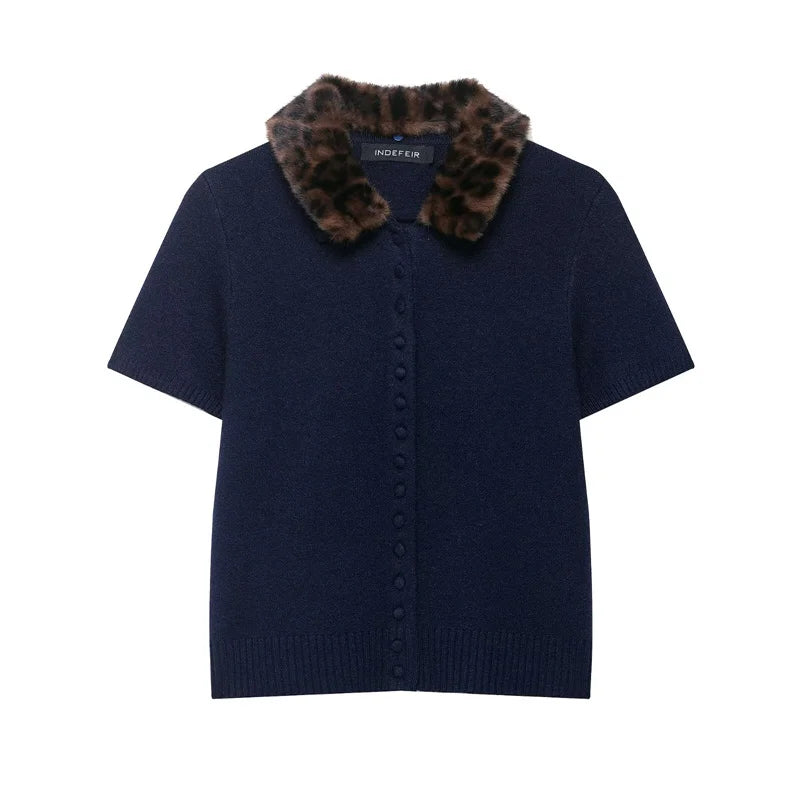 Women's Jacket 2025 New Autumn Fashion Darkblue Detachable Animal Print Neckline Knitted Jacket for Women Casual Chic Ladies Top