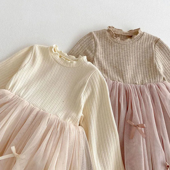 2025 New Spring Sister Dress 2-6Yrs Girl Party Dress Long Sleeved Cotton Mesh Splicing Kids Princess Dresses Children Clothes