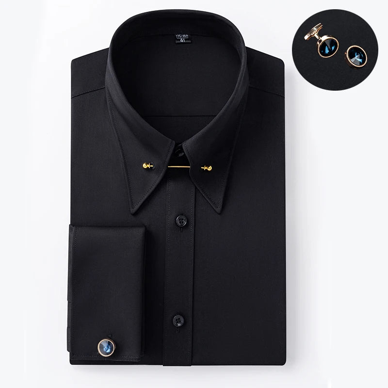 Lynett Lamar Men's Empire Collar French Cuff Long Sleeve Dress Shirt — Large Pointed Collar with Collar Pin