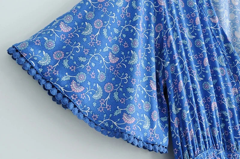 Maxi Dresses for women Cotton Rayon blue Floral print sexy deep v-ncek boho summer dresses loose Hippie long dress Vestidos