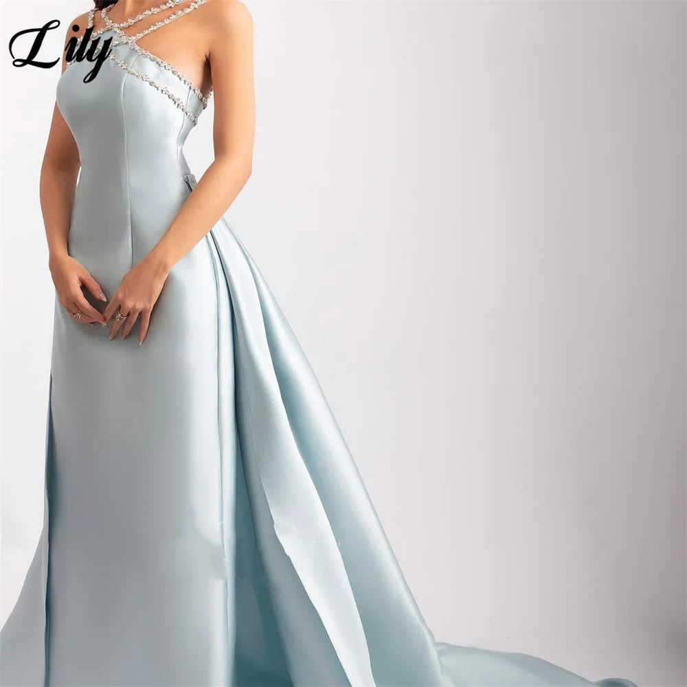 Lily Light Blue Prom Dress Shiny Beading Halter Party Dresses Stain  Sleeveless Celebrity Gowns with Detachable Tail Customized