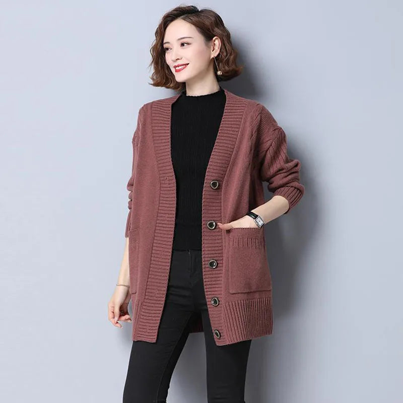 Women's Sweater 2025 New Autumn Winter Knitted Cardigan Female V-neck Blouses Loose Solid Single Breasted Knitt Coat Ladies Tops