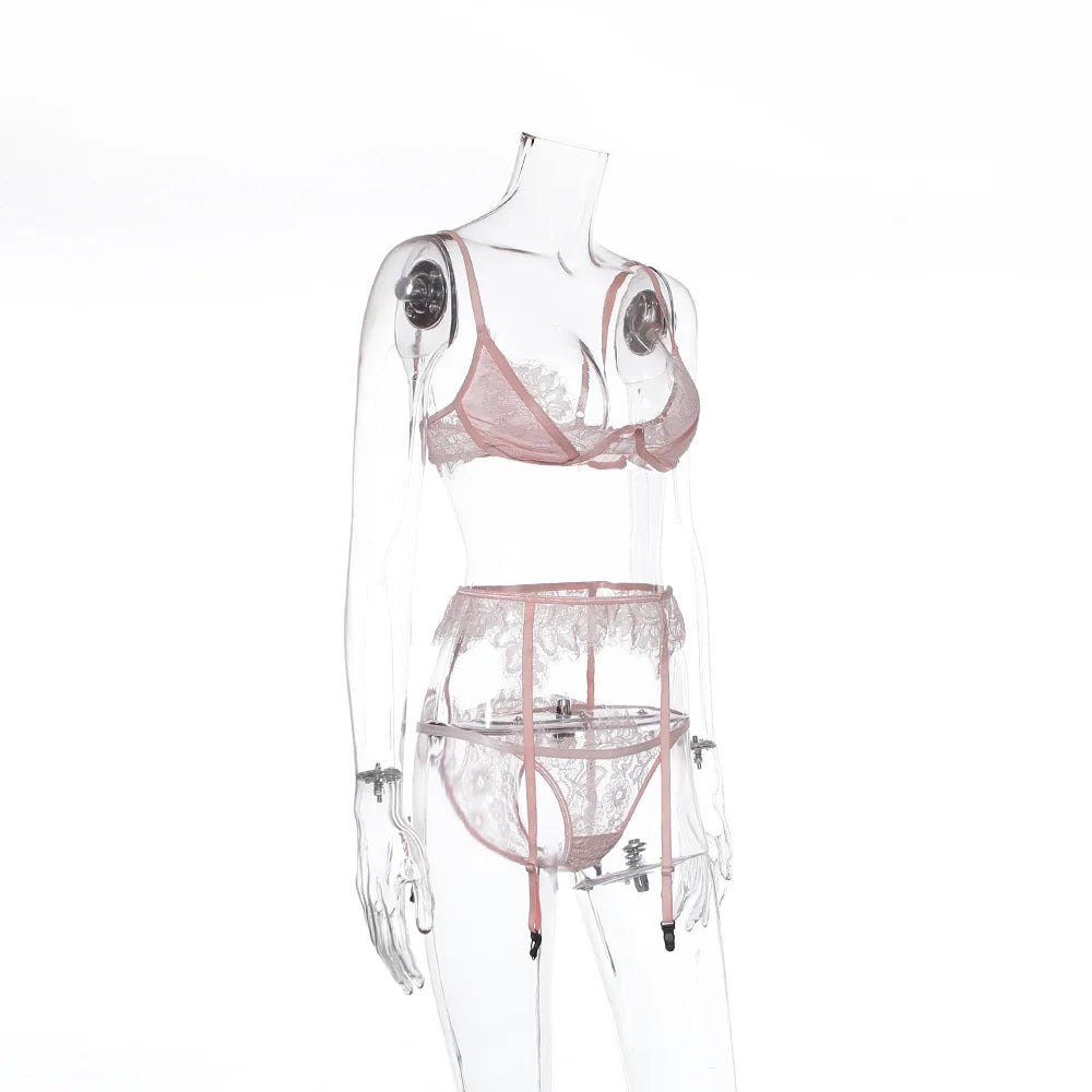 Women Pink Lace Bra and Panty Set Set Bathing Club Outfits Underwear Bralette Lace Brief Sexy Intimates Lingerie Set Straps