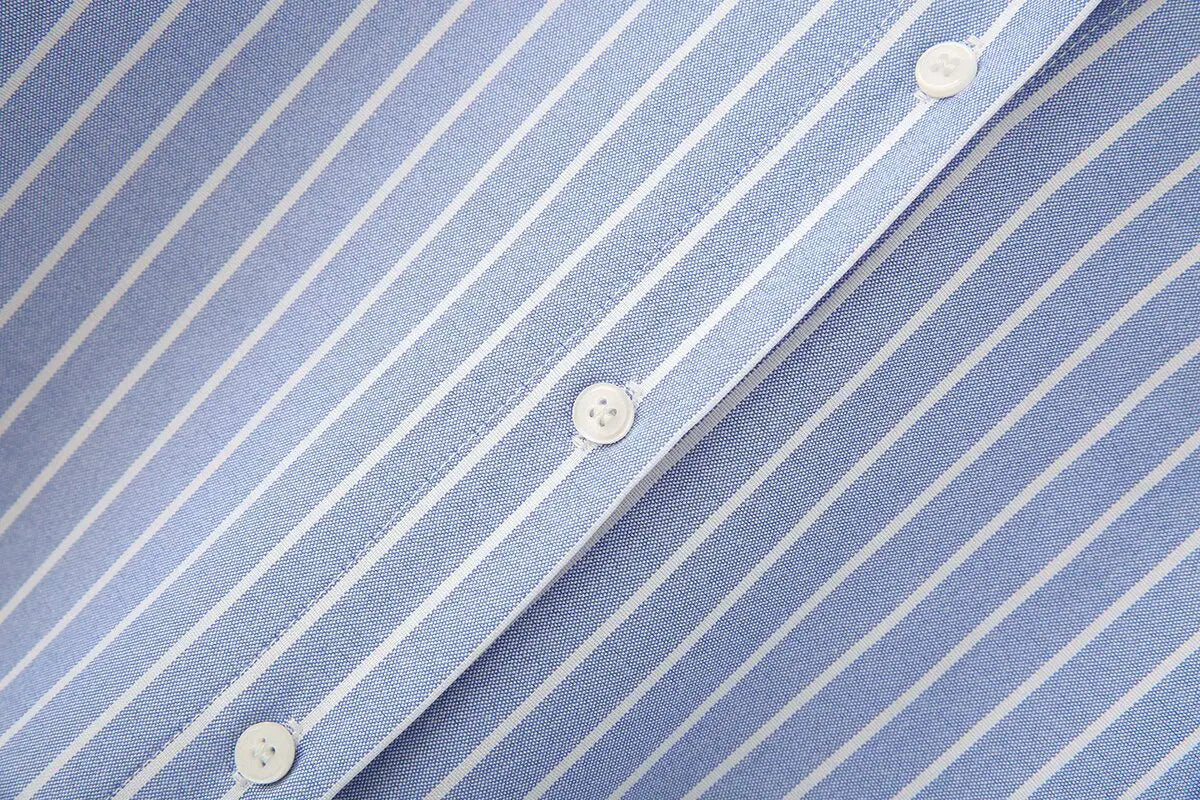 Blue Stripe Button-Down Shirt Women Oversized Fit Long Sleeve Spring Summer Elegant Office Casual Daily Wear Lightweight Top