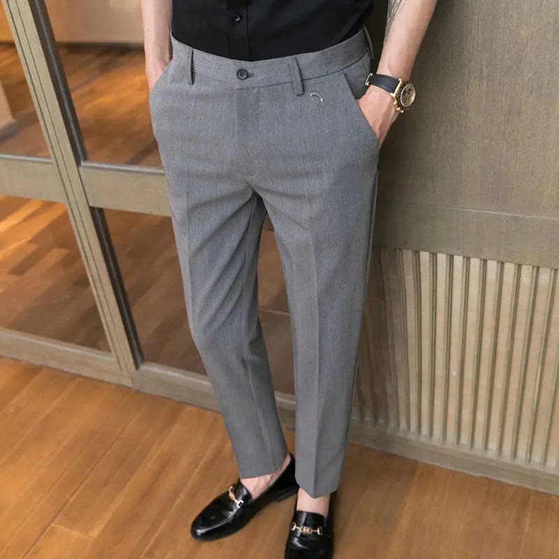 Trousers for Men Cropped Slim Fit Formal Work Casual Pants Man Dress Tailoring Baggy Polyester Slacks Korean Style Cotton Sale
